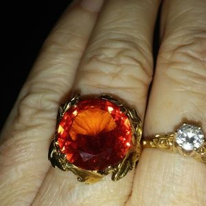 Vintage 14k Lab Padparasha Sapphire Leaf Ring